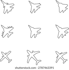 Aircraft top view vector icons set. Silhouettes of American and Russian military and civilian aircraft models. Plane illustration sign collection. Airplane symbol. Air plane, plane, travel. Vector illustration.