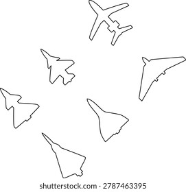 Aircraft top view vector icons set. Silhouettes of American and Russian military and civilian aircraft models. Plane illustration sign collection. Airplane symbol. Air plane, plane, travel. Vector illustration.