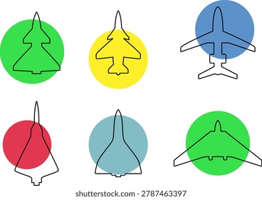 Aircraft top view vector icons set. Silhouettes of American and Russian military and civilian aircraft models. Plane illustration sign collection. Airplane symbol. Air plane, plane, travel. Vector illustration.