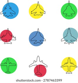 Aircraft top view vector icons set. Silhouettes of American and Russian military and civilian aircraft models. Plane illustration sign collection. Airplane symbol. Air plane, plane, travel. Vector illustration.