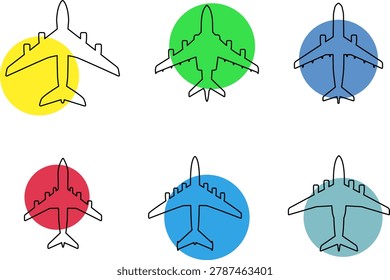 Aircraft top view vector icons set. Silhouettes of American and Russian military and civilian aircraft models. Plane illustration sign collection. Airplane symbol. Air plane, plane, travel. Vector illustration.