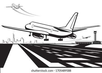 Aircraft touchdown on runway at airport - vector illustration