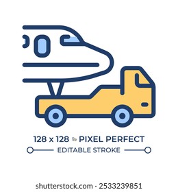 Aircraft towing RGB color icon. Airplane and tow tractor. Moving plane for maintenance. Aviation services. Isolated vector illustration. Simple filled line drawing. Editable stroke