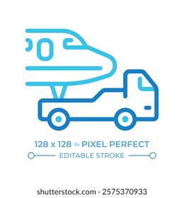 Aircraft towing two color line icon. Airplane and tow truck. Moving plane for maintenance. Aviation services. Bicolor outline symbol. Duotone linear pictogram. Isolated illustration. Editable stroke