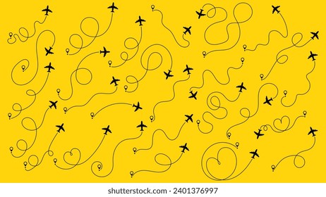 Aircraft tracking, plane path, travel, map pins, location pins. Airplane or aeroplane routes path set. Travel concept from start point and dotted line tracing. Vector illustration. Zigzag road