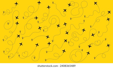Aircraft tracking, plane path, travel, map pins, location pins. Airplane or aeroplane routes path set. Travel concept from start point and dotted line tracing. Vector illustration. Zigzag road
