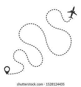 aircraft trail with dotted line. Traveler tracks marked with dotted lines. Aircplane tracking on route on white background