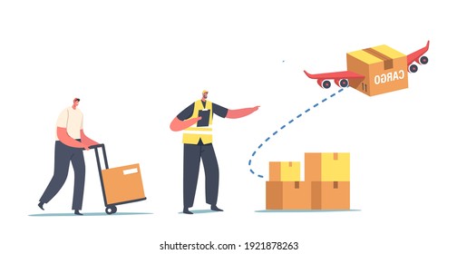 Aircraft Transport Logistics Service, Import or Export of Goods. Loader Characters Loading Boxes for Air Transportation and Delivering Freight to Client. Winged Parcel Fly. Cartoon Vector Illustration