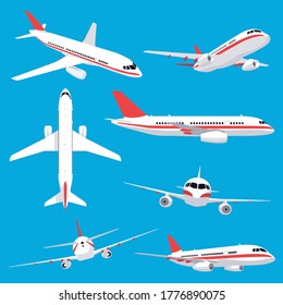 Aircraft transport. Passenger flight jet airplane, aviation vehicles, flying airline airplanes isolated vector illustration icons set. Plane aviation, trip jet, wing flight transport