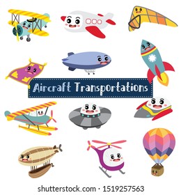 Aircraft Transportations cartoon set on white background in perspective view vector illustration.