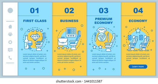 Aircraft travel class seating onboarding mobile web pages vector template. Responsive smartphone website interface idea with linear illustrations. Webpage walkthrough step screens. Color concept 