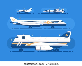 Aircraft types set. Passenger airliner, cargo and military aircraft. Vector illustration