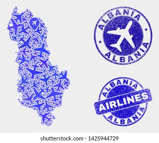 Aircraft vector Albania map mosaic and scratched seals. Abstract Albania map is formed of blue flat scattered aircraft symbols and map markers. Delivery scheme in blue colors, and rounded stamp seals.