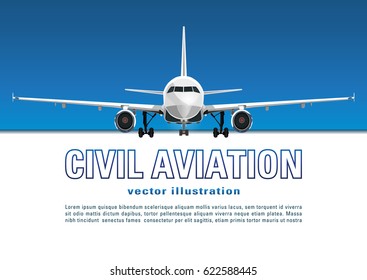 Aircraft vector. Banner, poster, flyer, card from plane against the background of the blue sky and text on a white backdrop. Jet commercial airplane in full face. Air travel concept flying airliner