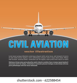 Aircraft vector. Banner, poster, flyer, card from plane on a orange sunset background and text on a gray backdrop. Jet commercial airplane in full face. Air travel concept flying airliner