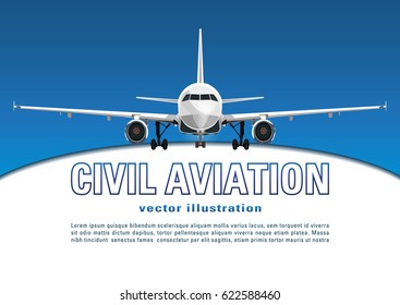 Aircraft vector. Banner, poster, flyer, card from plane against the background of the blue sky and text on a white backdrop. Jet commercial airplane in full face. Air travel concept flying airliner