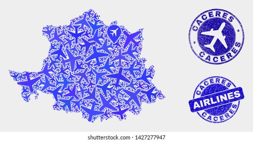 Aircraft vector Caceres Province map mosaic and grunge watermarks. Abstract Caceres Province map is constructed from blue flat randomized aircraft symbols and map pointers.