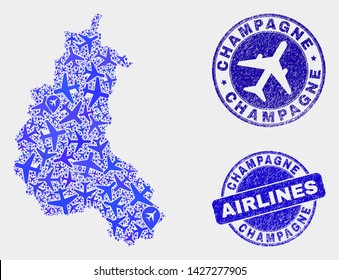 Aircraft vector Champagne Province map mosaic and scratched stamps. Abstract Champagne Province map is constructed from blue flat scattered aviation symbols and map locations.