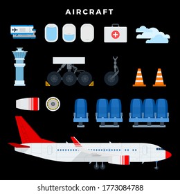 Aircraft vector flat illustrations. Modern airplane standing on the airfield. Emblem for airlines banners. Aircraft, seats, wheels, windows, tickets isolated on black