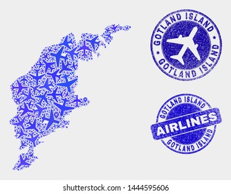 Aircraft vector Gotland Island map composition and grunge seals. Abstract Gotland Island map is done of blue flat random airline symbols and map locations. Flight plan in blue colors,