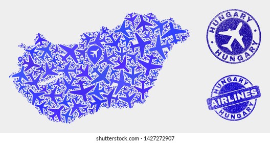 Aircraft vector Hungary map mosaic and grunge seals. Abstract Hungary map is organized from blue flat random aircraft symbols and map pointers. Delivery plan in blue colors, and rounded stamp seals.