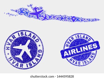 Aircraft vector Hvar Island map mosaic and scratched stamps. Abstract Hvar Island map is constructed with blue flat scattered aircraft symbols and map pointers. Delivery scheme in blue colors,