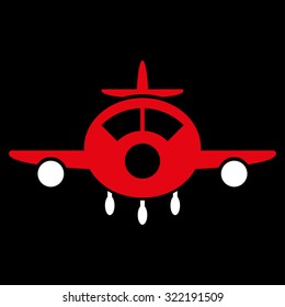 Aircraft vector icon. Style is bicolor flat symbol, red and white colors, rounded angles, black background.