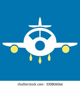 Aircraft vector icon. Style is bicolor flat symbol, yellow and white colors, rounded angles, blue background.