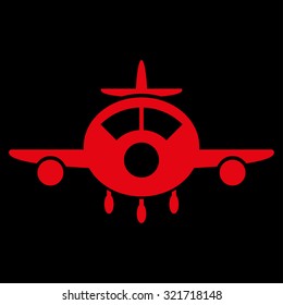 Aircraft vector icon. Style is flat symbol, red color, rounded angles, black background.