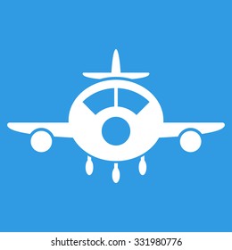 Aircraft vector icon. Style is flat symbol, white color, rounded angles, blue background.