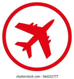 Aircraft vector icon. Style is flat circled symbol, red color, rounded angles, white background.