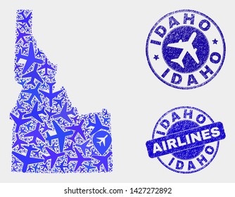Aircraft vector Idaho State map composition and grunge stamps. Abstract Idaho State map is organized from blue flat random aircraft symbols and map locations. Tourism plan in blue colors,