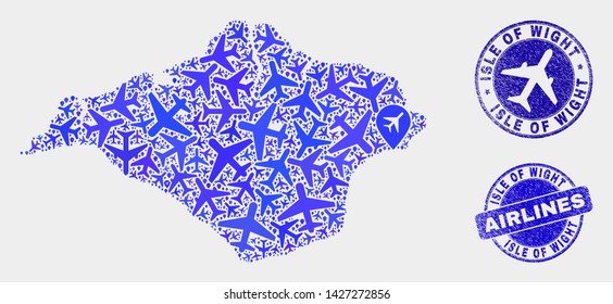 Aircraft vector Isle of Wight map collage and scratched watermarks. Abstract Isle of Wight map is organized of blue flat scattered aircraft symbols and map locations. Transport plan in blue colors,