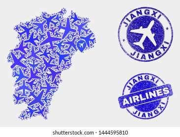 Aircraft vector Jiangxi Province map mosaic and grunge watermarks. Abstract Jiangxi Province map is created of blue flat scattered aircraft symbols and map locations. Flight scheme in blue colors,