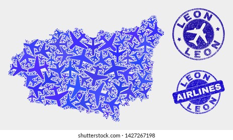 Aircraft vector Leon Province map collage and grunge stamps. Abstract Leon Province map is formed of blue flat random airplane symbols and map markers. Shipping plan in blue colors,