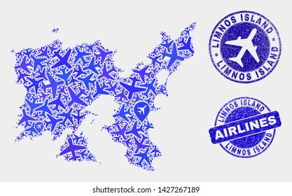 Aircraft vector Limnos Island map mosaic and grunge seals. Abstract Limnos Island map is formed with blue flat randomized airplane symbols and map markers. Transport scheme in blue colors,