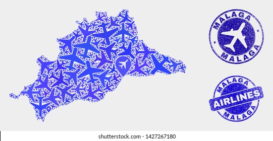 Aircraft vector Malaga Province map mosaic and scratched watermarks. Abstract Malaga Province map is formed of blue flat random aircraft symbols and map locations. Tourism scheme in blue colors,