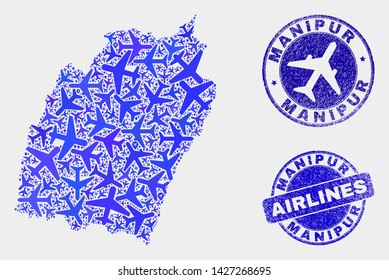 Aircraft vector Manipur State map mosaic and scratched stamps. Abstract Manipur State map is composed from blue flat scattered aircraft symbols and map locations. Shipping plan in blue colors,