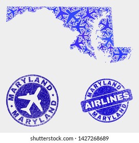Aircraft vector Maryland State map composition and scratched seals. Abstract Maryland State map is organized of blue flat randomized air plane symbols and map pointers.