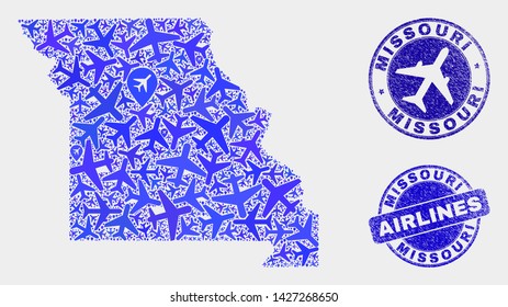 Aircraft vector Missouri State map mosaic and scratched stamps. Abstract Missouri State map is organized from blue flat random aircraft symbols and map pointers. Transport scheme in blue colors,