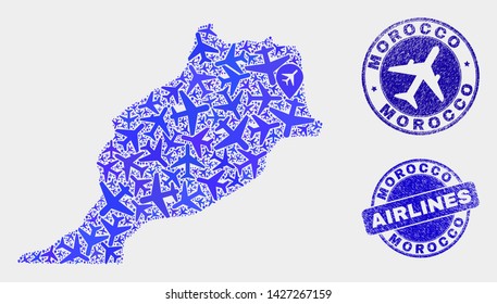 Aircraft vector Morocco map mosaic and grunge watermarks. Abstract Morocco map is organized with blue flat randomized aviation symbols and map pointers. Tourism plan in blue colors,