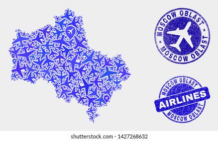 Aircraft vector Moscow Region map mosaic and grunge seals. Abstract Moscow Region map is composed of blue flat random airlines symbols and map markers. Delivery plan in blue colors, and rounded seals.