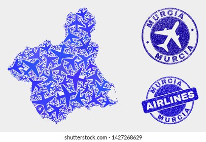 Aircraft vector Murcia Province map mosaic and grunge stamps. Abstract Murcia Province map is organized of blue flat scattered aircraft symbols and map locations. Flight plan in blue colors,