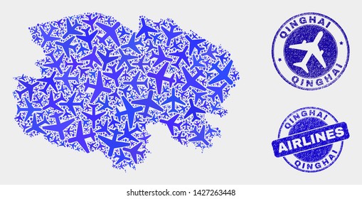 Aircraft vector Qinghai Province map composition and grunge stamps. Abstract Qinghai Province map is created from blue flat scattered aircraft symbols and map markers. Shipping scheme in blue colors,