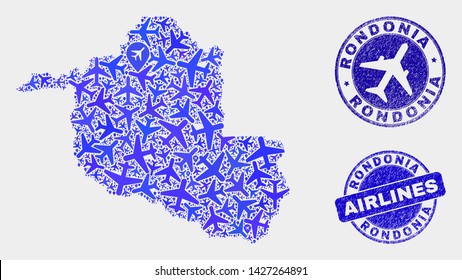 Aircraft vector Rondonia State map collage and scratched seals. Abstract Rondonia State map is composed from blue flat random air plane symbols and map markers. Flight plan in blue colors,