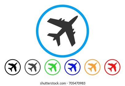 Aircraft vector rounded icon. Image style is a flat gray icon symbol inside a blue circle. Bonus color variants are gray, black, blue, green, red, orange.