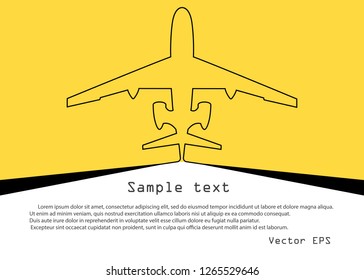 Aircraft. Vector sketch of continuous plane line on yellow background with space for text. Template for banner, poster, background, web.