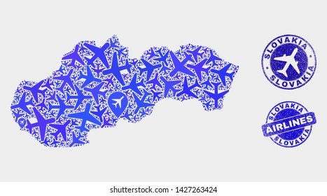 Aircraft vector Slovakia map mosaic and grunge stamps. Abstract Slovakia map is done of blue flat random air plane symbols and map locations. Shipping plan in blue colors, and rounded stamps.