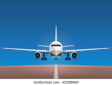Aircraft vector, take-off plane against the background of the blue sky and the runway. Jet commercial airplane in full face. Air travel concept flying airliner. Illustration for design banner, poster