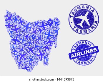 Aircraft vector Tasmania Island map collage and scratched seals. Abstract Tasmania Island map is designed with blue flat random aircraft symbols and map locations. Transport scheme in blue colors,